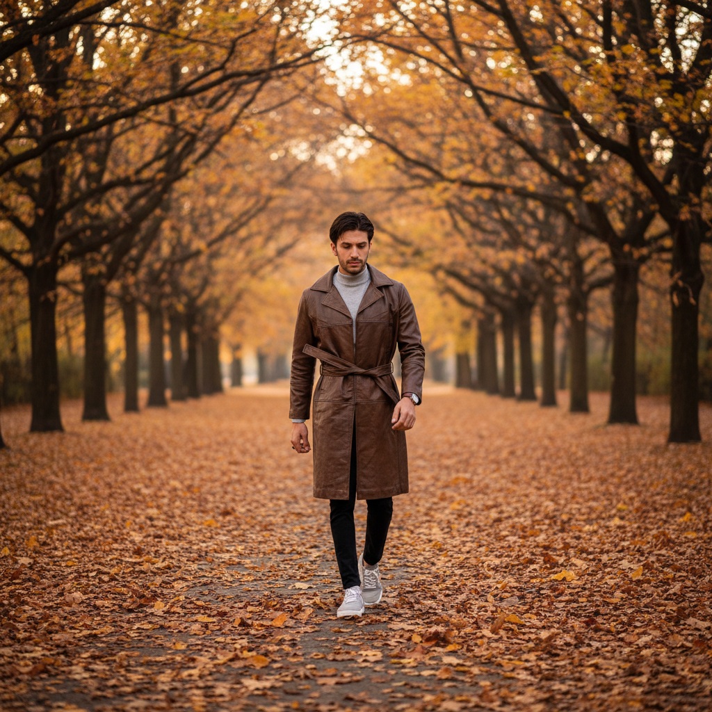 Walnut Brown Leather Trench Coat For Men