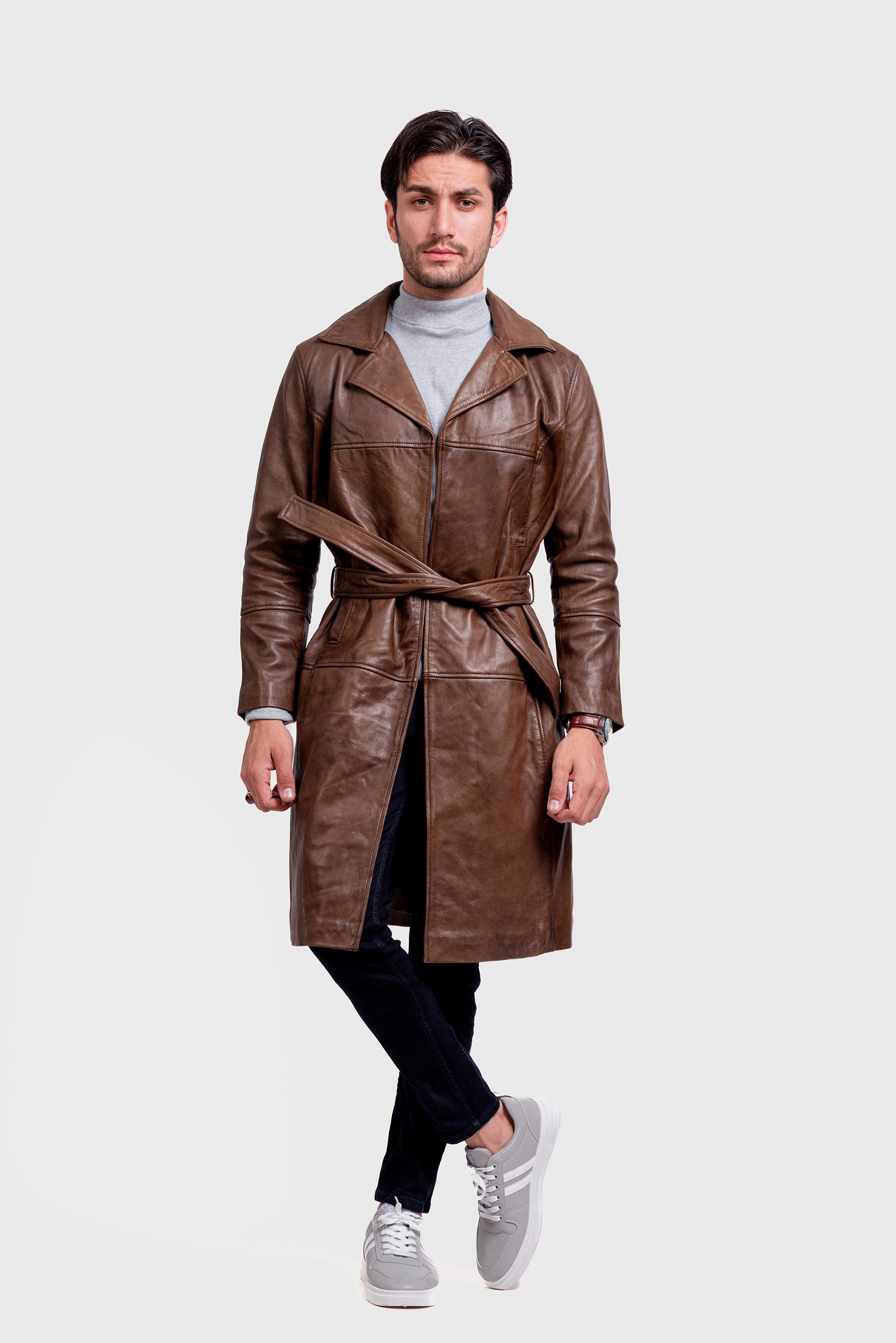 walnut brown leather trench coat for men