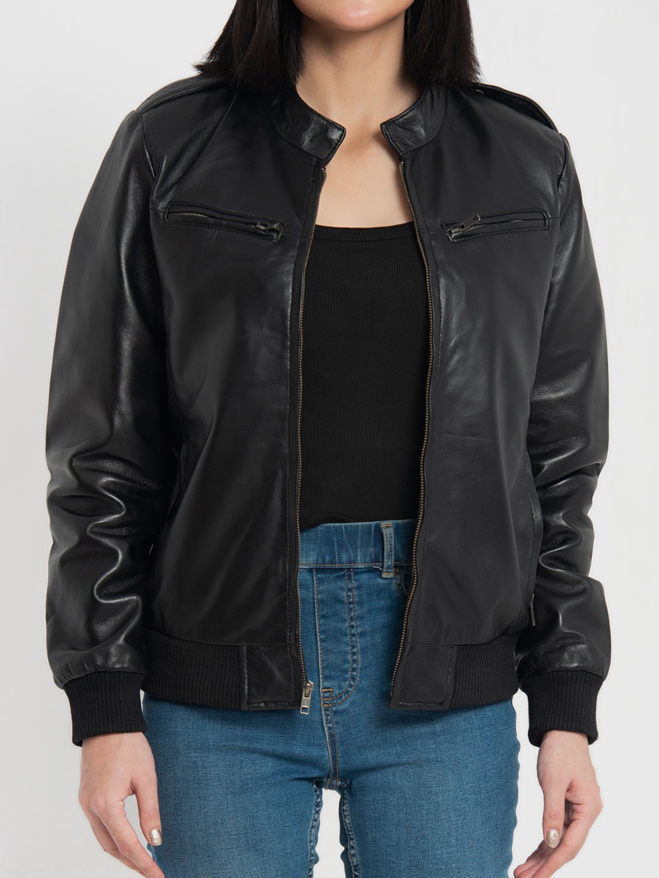 Breeze Black Leather Bomber Jacket