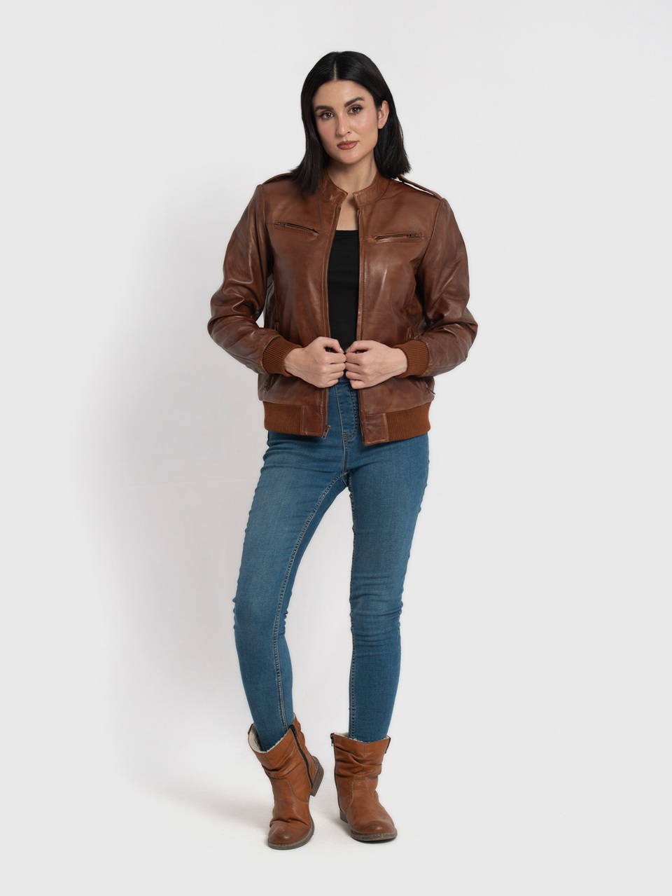 Breeze Black Leather Bomber Jacket