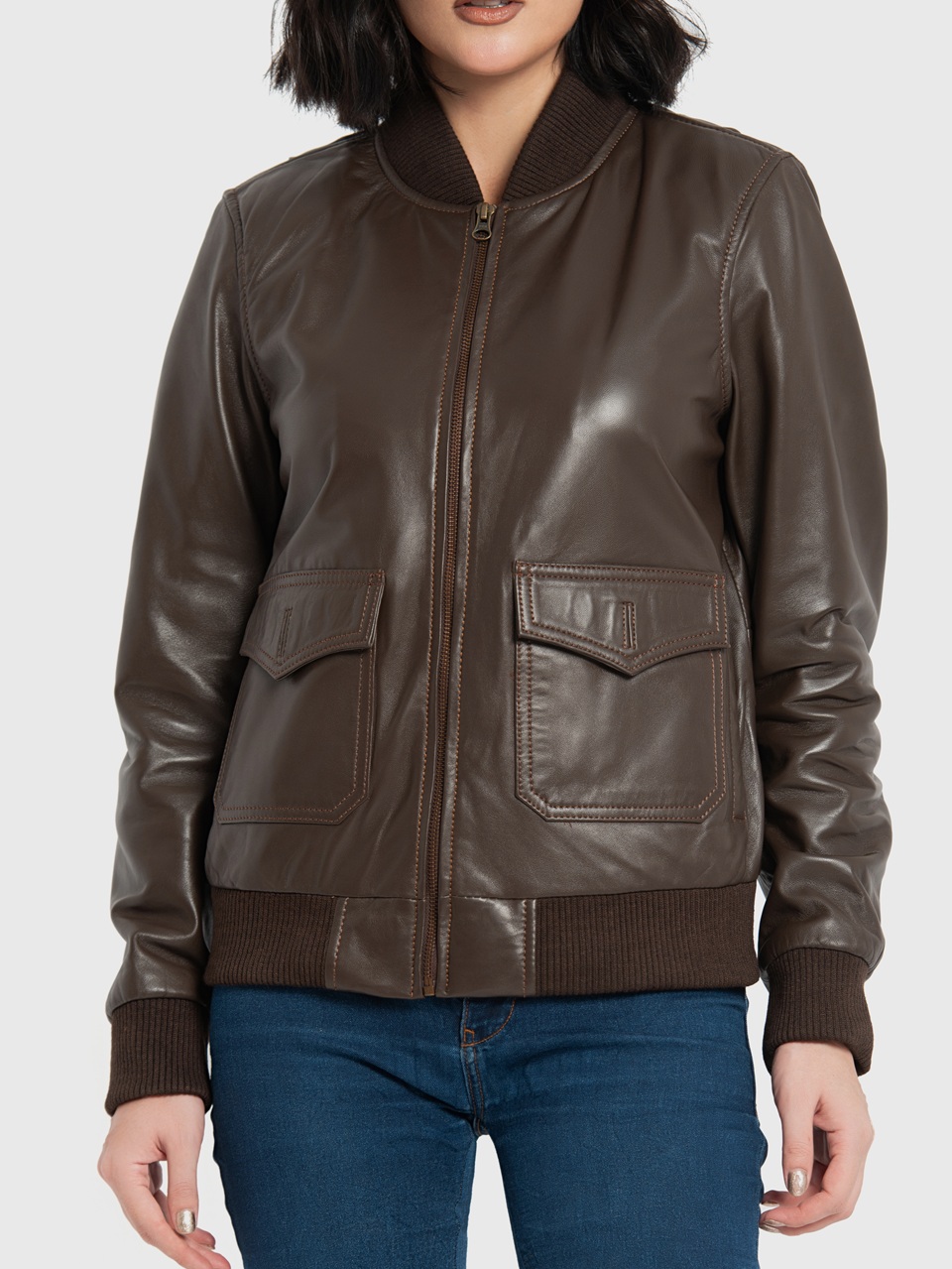 Chloe Brown Leather Bomber Jacket For Women