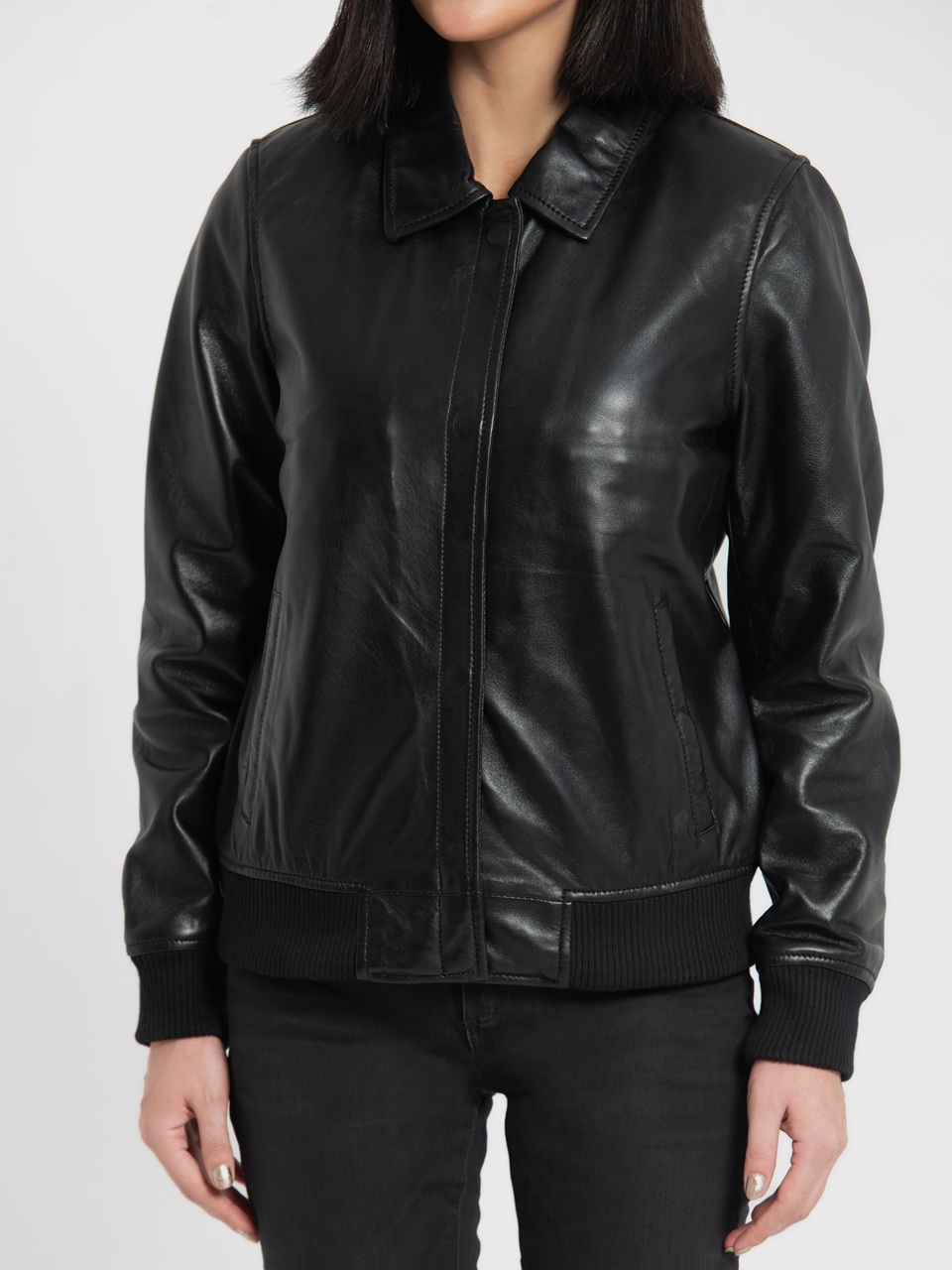 Clara Black Leather Bomber Jacket