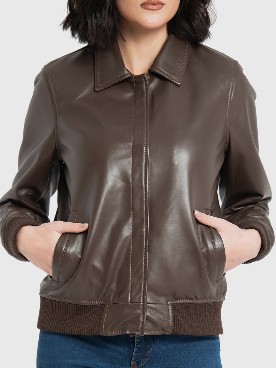 Clara Brown Leather Bomber Jacket