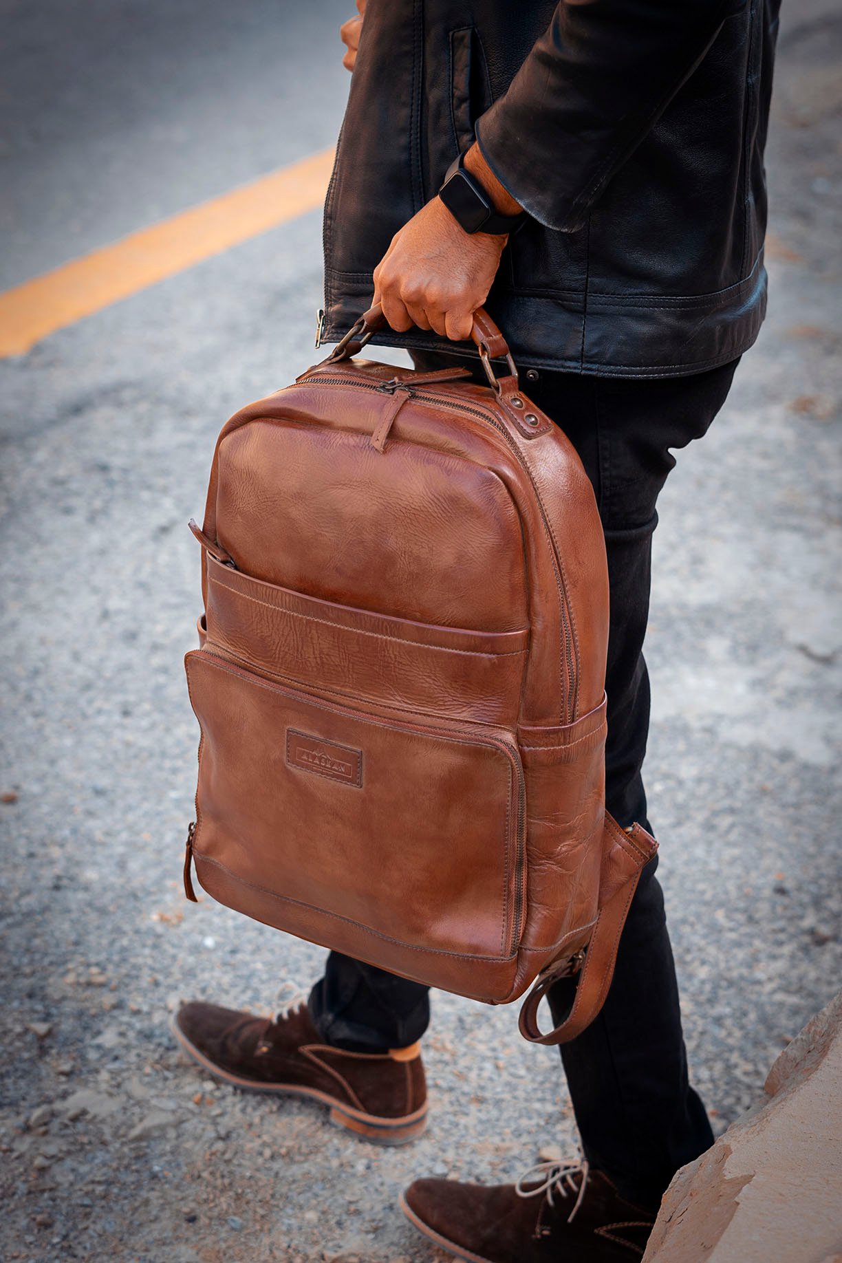 Flint Cognac Brown Leather Laptop Backpack
