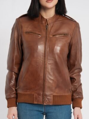 Breeze Cognac Brown Leather Bomber Jacket
