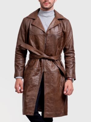 Walnut Brown Leather Trench Coat For Men