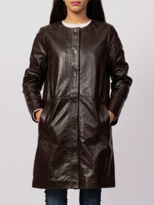 Women Brown Leather Collar Less Coat