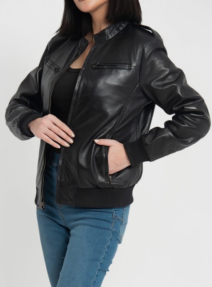 Breeze Black Leather Bomber Jacket (6) Breeze Black Leather Bomber Jacket (6)