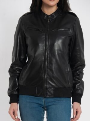 Breeze Black Leather Bomber Jacket
