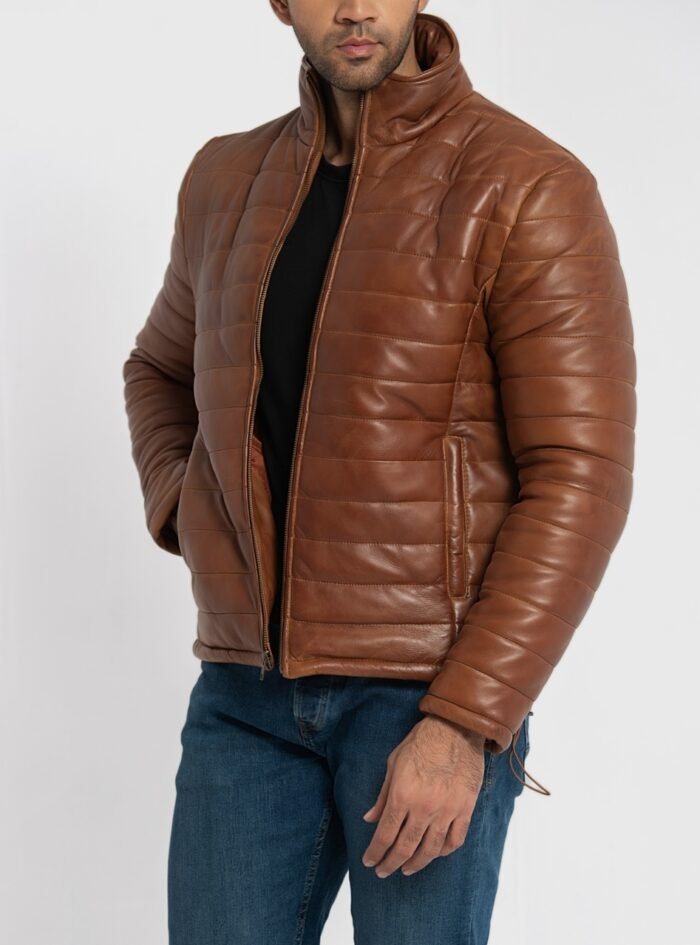 Haydos Cognac Brown Leather Puffer Jacket (4) Haydos Cognac Brown Leather Puffer Jacket (4)