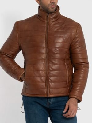 Haydos Cognac Brown Leather Puffer Jacket