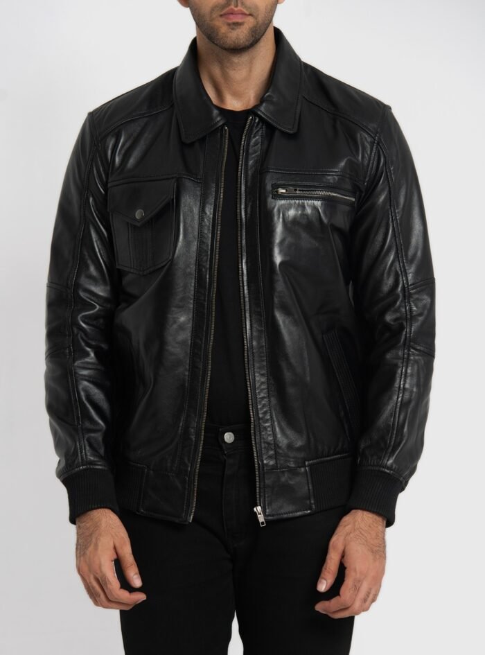 Sherwin Black Leather Bomber Jacket (4) Sherwin Black Leather Bomber Jacket (4)